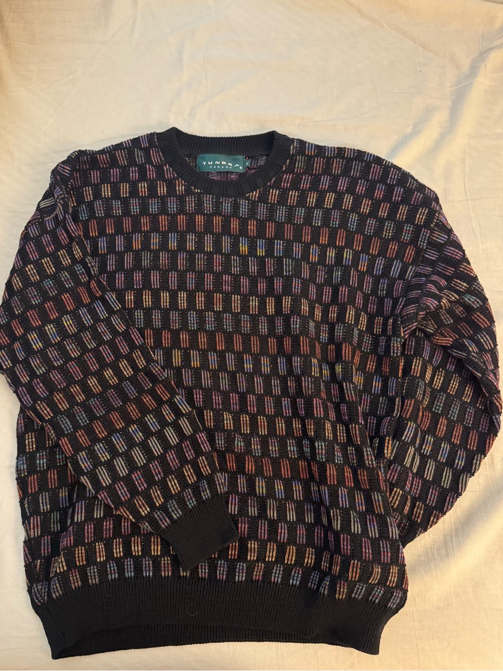 Tundra Black Crewneck Sweater with Multicolor Stitching